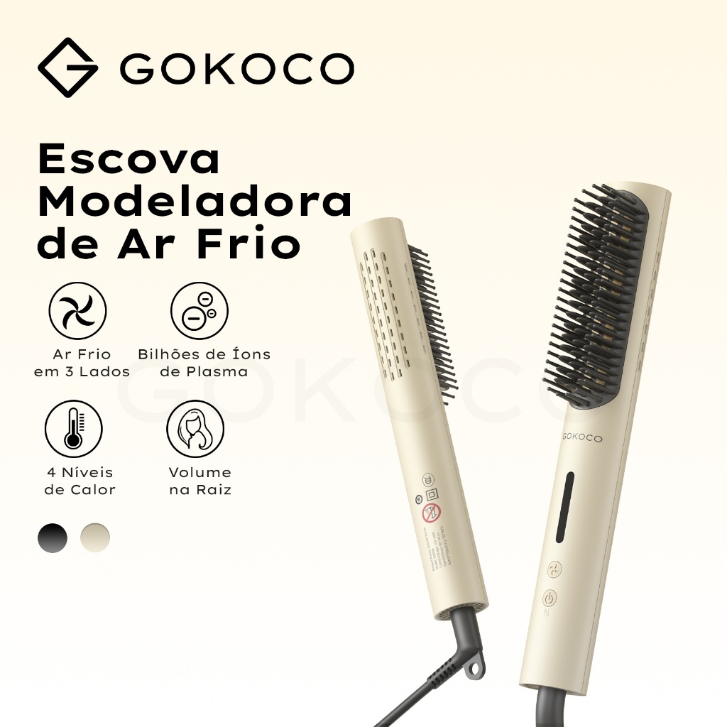 Frente e verso da escova modeladora Gokoco clara, imagem do anúncio Shopee